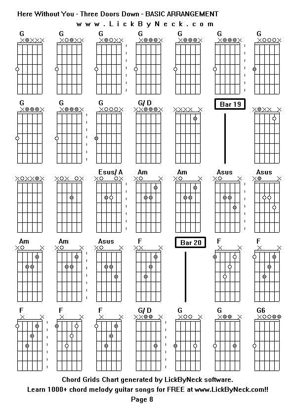 Chord Grids Chart of chord melody fingerstyle guitar song-Here Without You - Three Doors Down - BASIC ARRANGEMENT,generated by LickByNeck software.